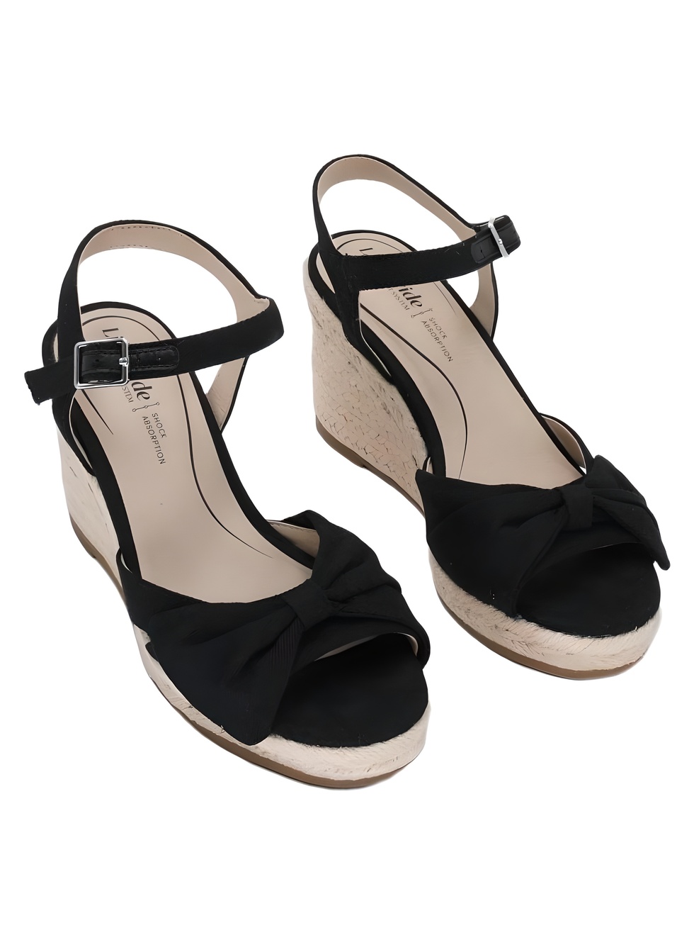 LifeStride Tahlia Black Canvas Bow Espadrille Wedge Sandals Size 5.5M